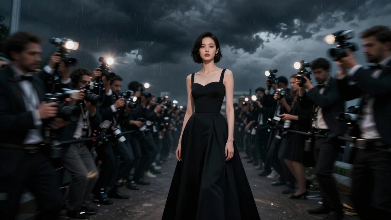 A composed woman stands still amid chaotic paparazzi flashes, gently guiding a celebrity to safety.