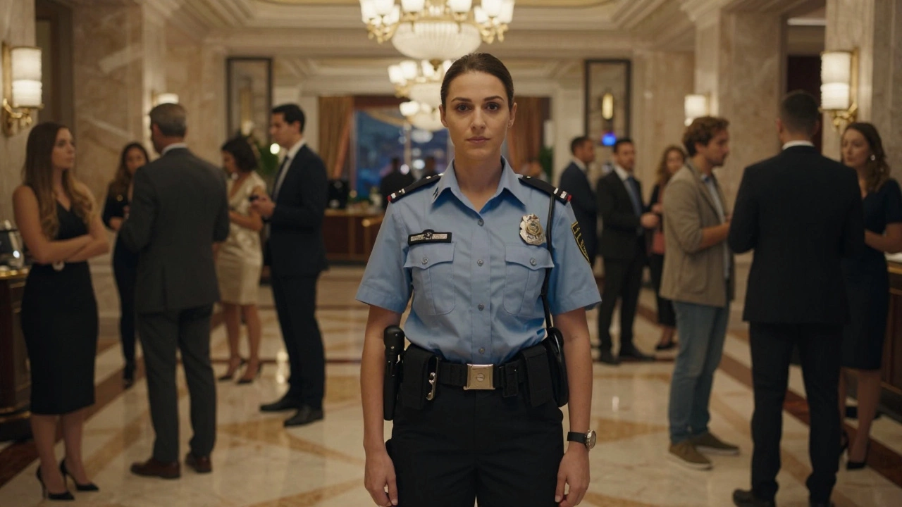 A female security officer blends into a luxury casino crowd, quietly reading body language with calm awareness.