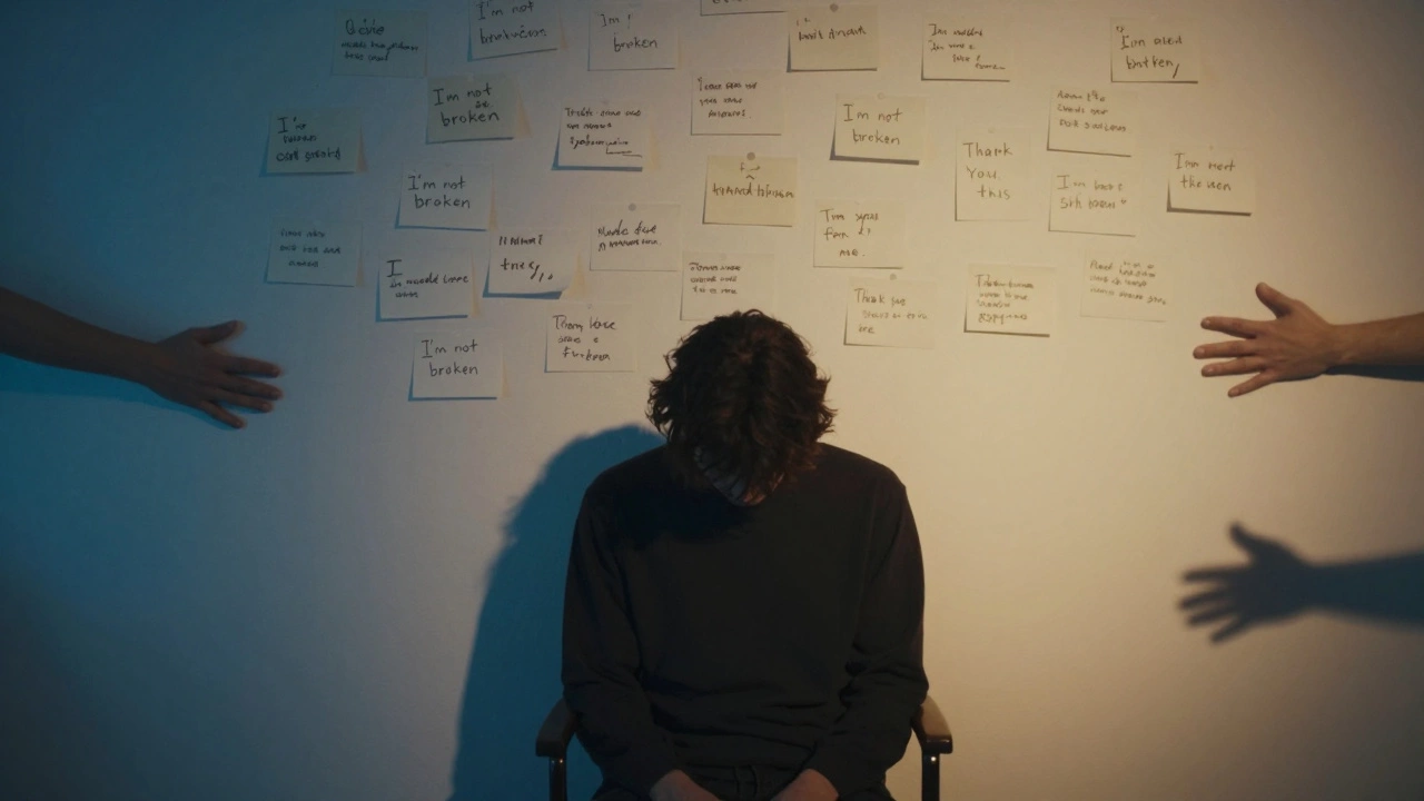 A person sitting in silence, surrounded by anonymous notes of healing and release.