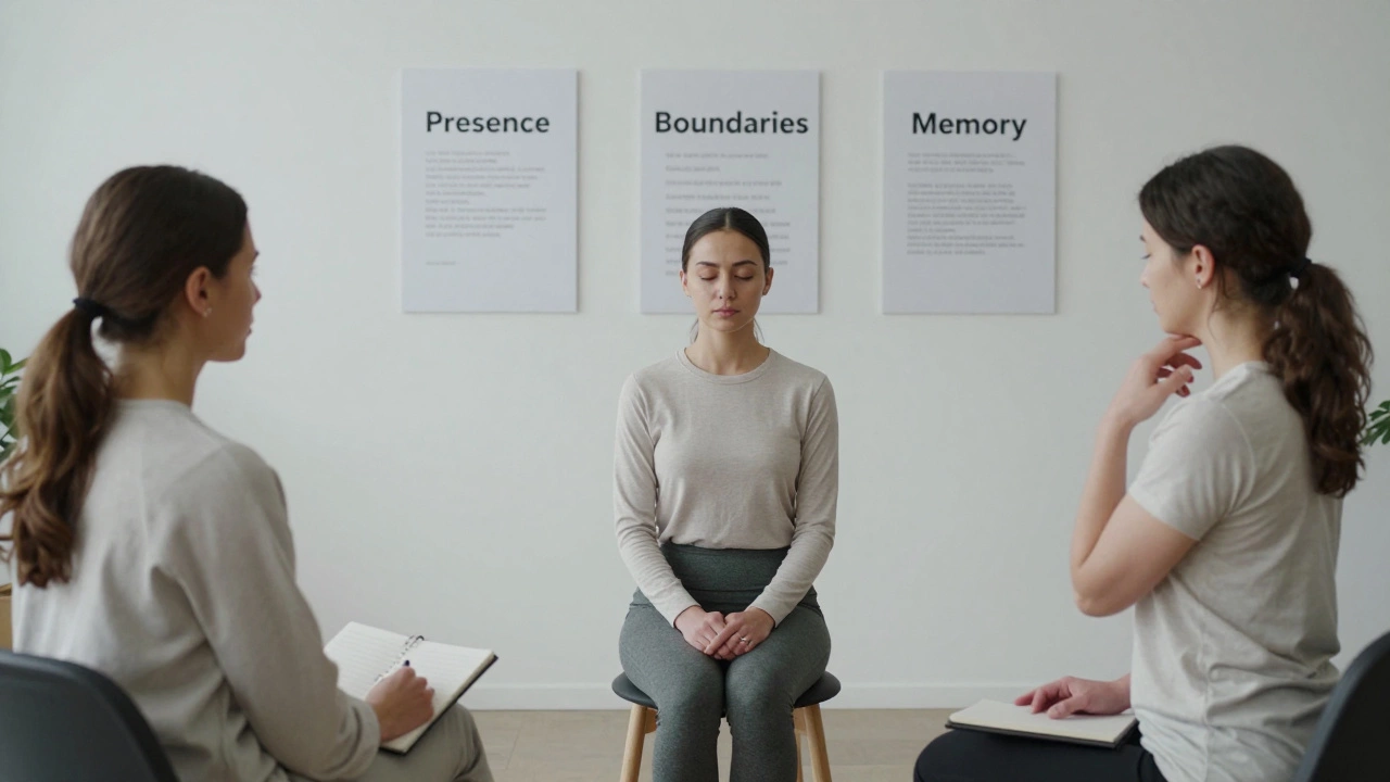 Three women in a training room practicing emotional presence and active listening with professional guidance.